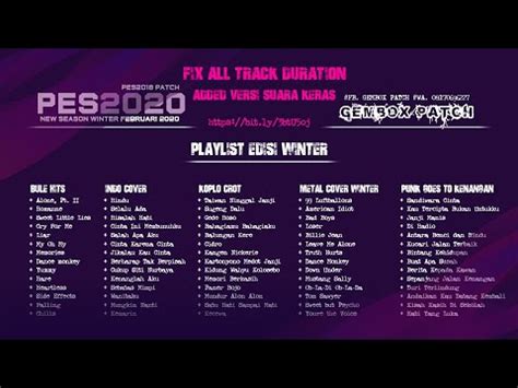 Kali ini saya share cara mengganti atau mengubah soundtrack atau lagu pes 2017 terbaru dengan tool mcr by ginda versi 4. CARA GANTI LAGU PES (GEMBOX PATCH) SIMPLE - YouTube