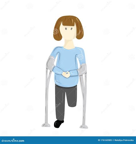 Amputee Woman Witsh Stump On Crutches Isolated On White Background