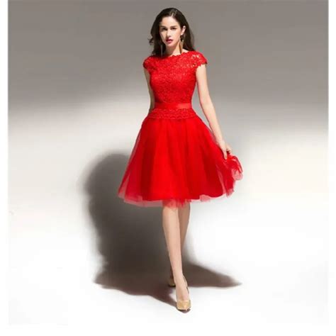 Moda De Encaje Rojo Corto Vestidos De Fiesta Elegante Longitud De La Rodilla Del Partido De