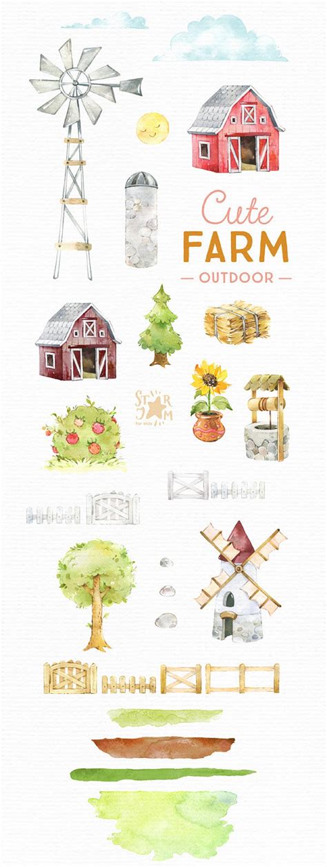 Cute Farm Outdoor Watercolor Country Clipart Landscape Etsy In 2021