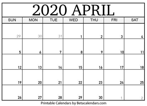 Printable April 2020 Calendar Beta Calendars