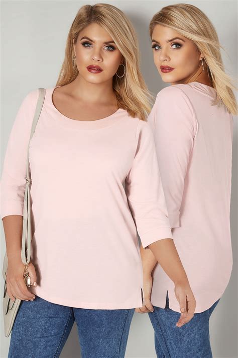 Light Pink Band Scoop Neckline T Shirt With 34 Sleeves