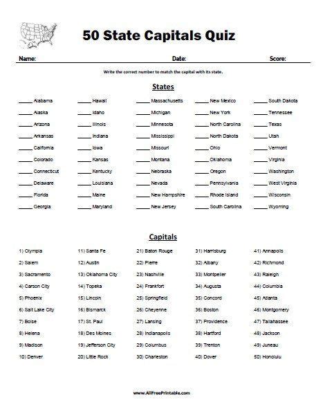 State Quiz Printable 50 State Capitals Quiz Free Printable