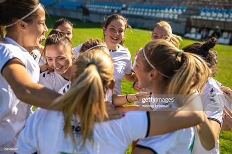 Female Soccer Team Celebrating Great Victory High Res Stock Photo