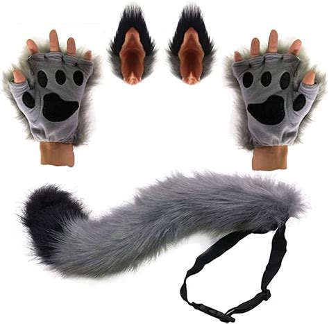 Haoan Wolf Fox Tail Clip Ears And Gloves Set Halloween Christmas Fancy