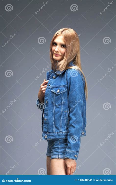 Beautiful Blonde Woman Dressed In A Denim Jacket Stock Image Image Of Hair Makeup