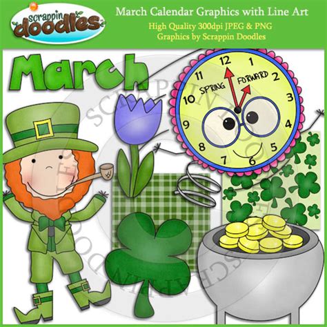 March Calendar Clip Art With Line Art Download Etsy
