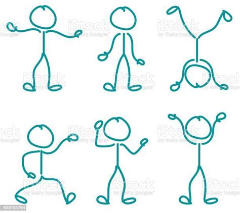 Drawn Stick Figures Stickmen With Various Poses In Teal Stock
