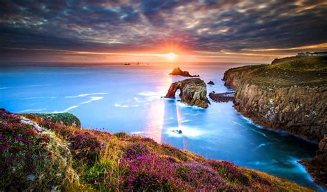 Lands End Cornwall Rays Glow Coast Su Rise Land Wildflowers