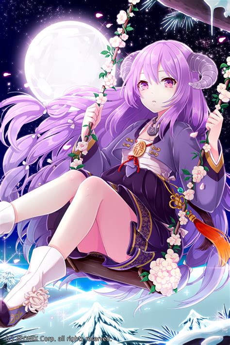 Horns Purple Hair Moon Starry Sky Winter Ground Snow Swing