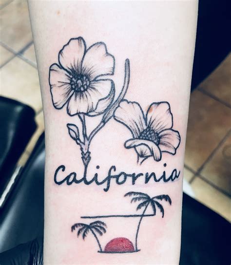 Cute California Tattoo Designs With California Poppies And Palm Tree