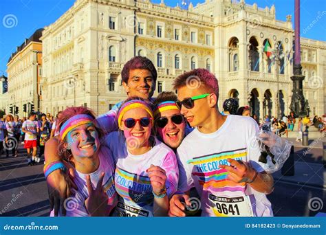 People Posing For Photos During The Color Run In Trieste Italy