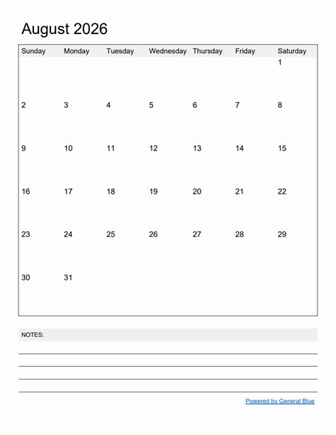 Free Printable Monthly Calendar For August 2026