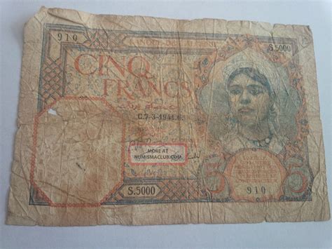 1941 C Algeria 5 Francs Banknote P 77