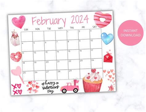 Editable Fillable February 2024 Calendar Printable Wall Calendar 2024 Cute Happy Valentines