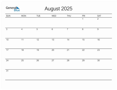 Printable August 2025 Monthly Calendar Sunday Start