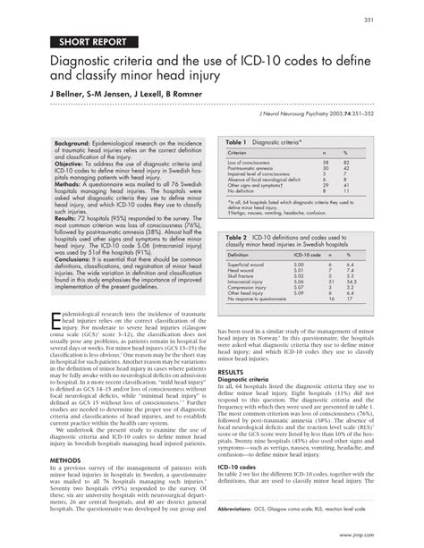 The matrix can be used to show that 30% of all injury diagnoses mentioned were to the head and neck region; Diagnostic criteria and the use of ICD-10 codes to define ...