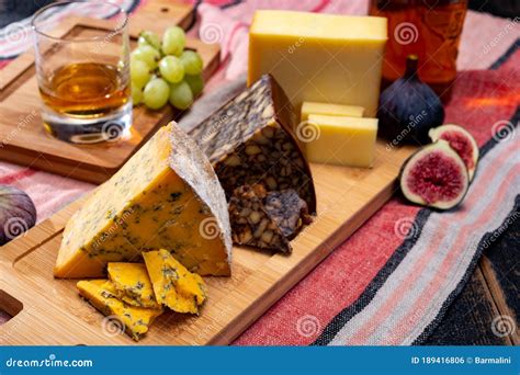 British And Irish Cheeses Tasting Plate With Blue Shropshire Brown