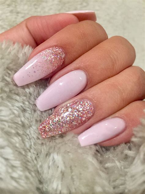 Light Pink Coffin Nails With Rose Gold Glitter Inlove Rosa N Gel
