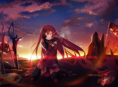 Long Hair Redhead Red Eyes Anime Anime Girls Crimson Avenger Elsword Sword Weapon