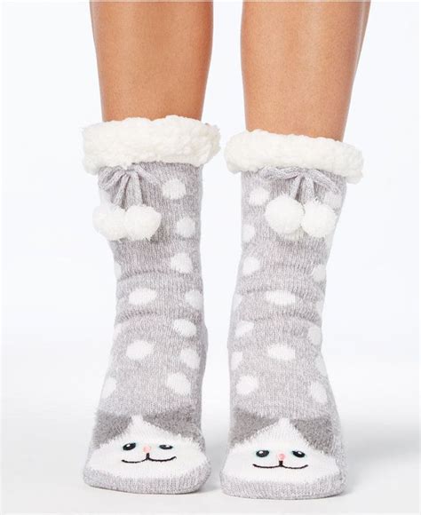 Charter Club Womens Cat Slipper Socks With Fleece And Grippers Created