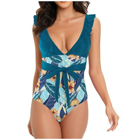 Cethrio Bathing Suit Sexy Patchwork With Chest Pad Without Underwire Digital Printing One Piece