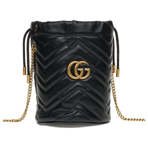 Gucci Mini Bucket Gg Marmont Bag In Black Herringbone Leather New