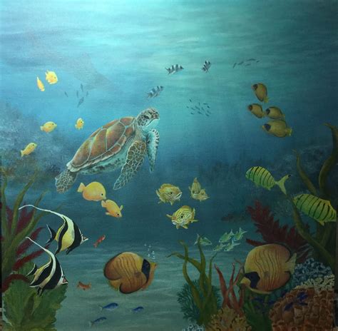 20x20 Sea Turtle Painted On Canvas In Acrylics By Artist Tamara Jones