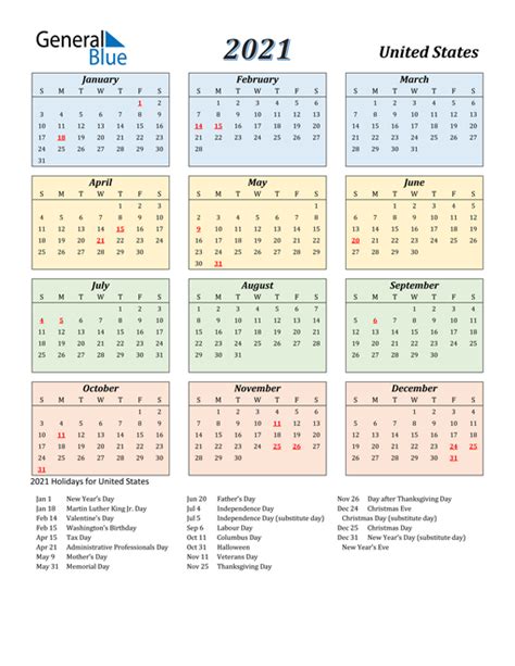 2021 United States Calendar With Holidays
