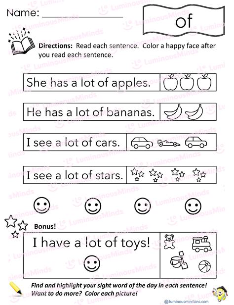 Reading Comprehension Worksheets Reading With Sight Word Of