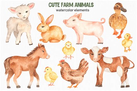 Cute Farm Animals Watercolor Collection Clipart