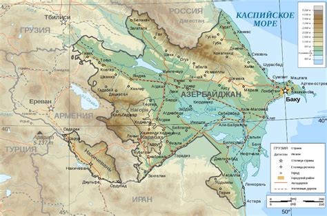 Detallado mapa físico de Azerbaiyán con carreteras y ...