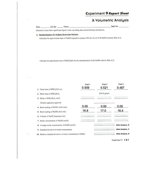 Solved Experiment Report Sheet A Volumetric Analysis Chegg Com