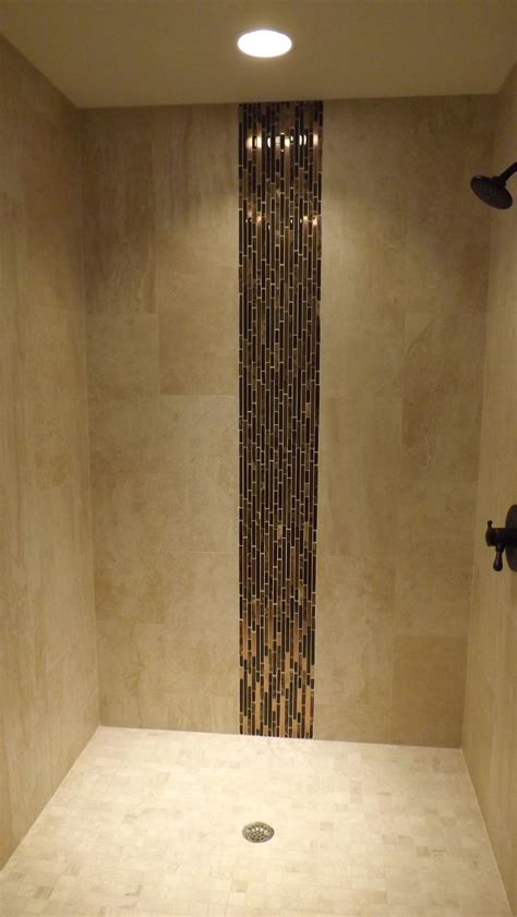 shower stall with vertical accent iris porcelain field tile copper and glass deco vintage