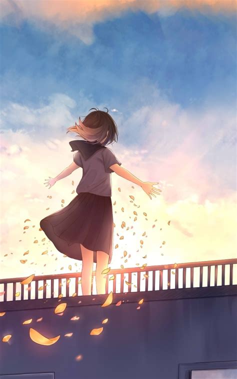 Wallpaper School Uniform Petals Back View Sky Clouds Anime Girl