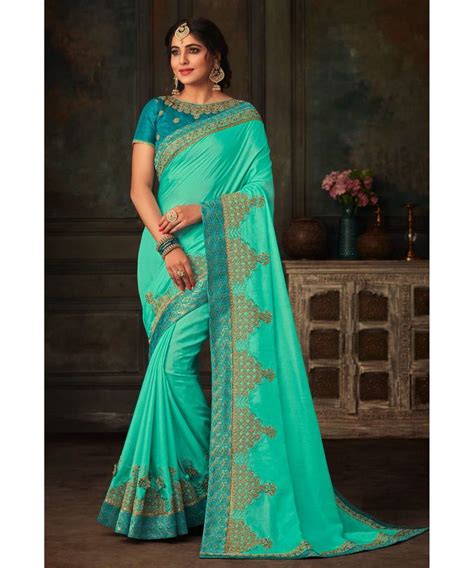 Blue Poly Silk Embroidered Heavy Work Saree Indian Women Fashions Pvt