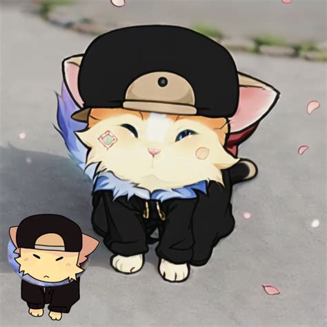 A Cat With A Hat On And An Anime Character Next To It