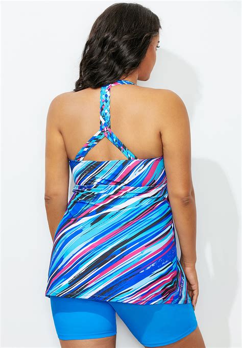 Blue Striped Longer Length Braided Tankini Set Seepalm