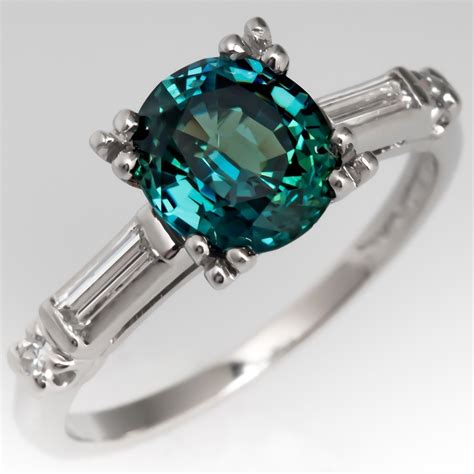 Green Blue Sapphire Engagement Ring In Beautiful 1960s Platinum Mounting