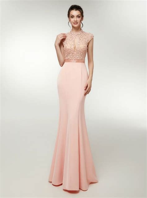 Pink Satin Mermaid High Neck Backless Prom Dress With Beading Cap