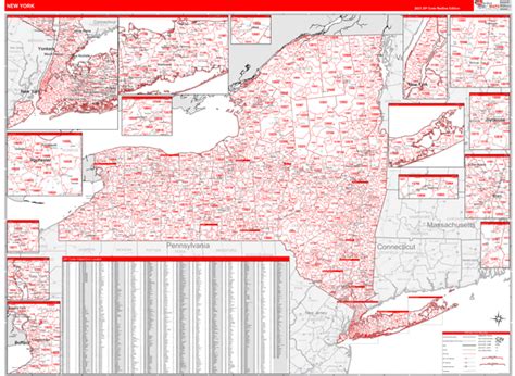 New York Zip Code Wall Map Red Line Style By Marketmaps Mapsales