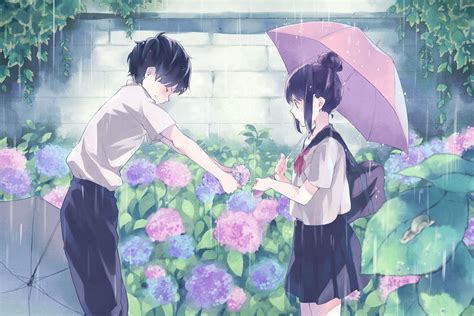 Romantic Umbrella Anime Couple In Rain Celebrate Umbrelladay With