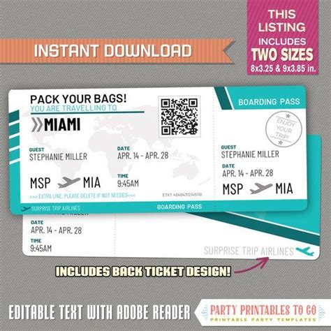 Print out boarding passes in advance. Editable Airplane Boarding Pass (Teal) Surprise Trip ...
