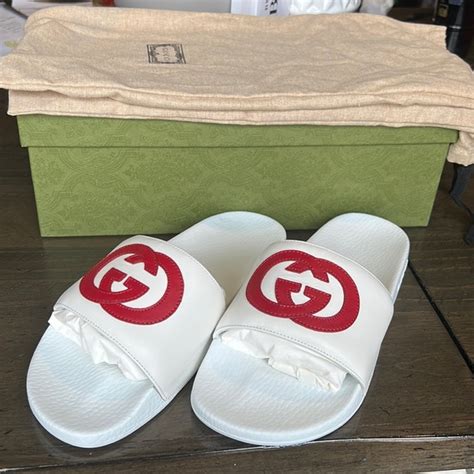 Gucci Shoes Gucci Mens White Slides With Red Interlocking Gg Poshmark