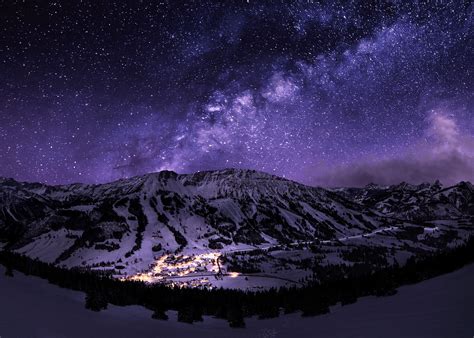 Stars Night Landscape Starry Night Mountain Snow