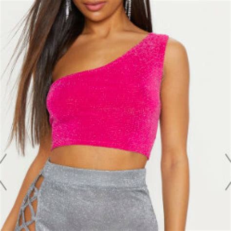 Prettylittlething One Shoulder Pink Crop Top On Designer Wardrobe