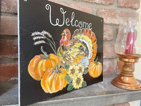 Hand Painted Thanksgiving Sign Slate Welcome Sign Etsy