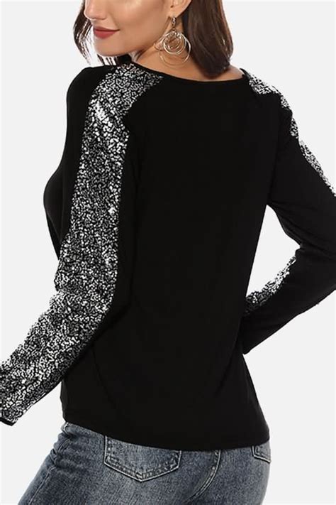 Black Sequin Decor V Neck Long Sleeve Casual T Shirt In Womens Long Sleeve Shirts