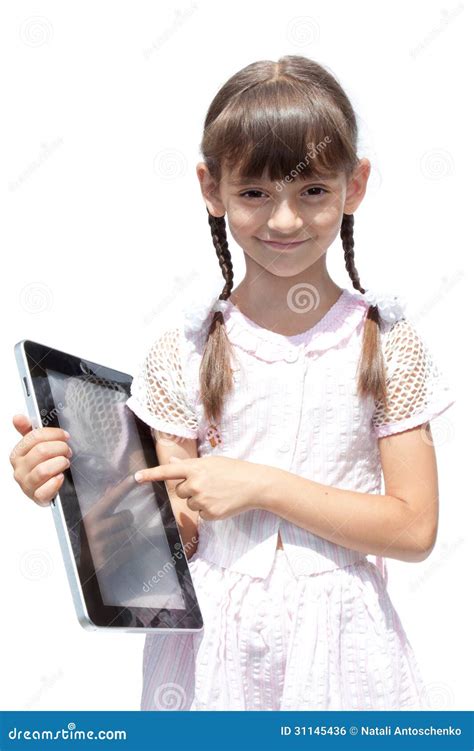 Girl With Ipad Like Gadget Isolated White Background Stock Photo