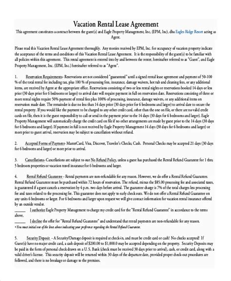 Vacation Property Rental Agreement Template